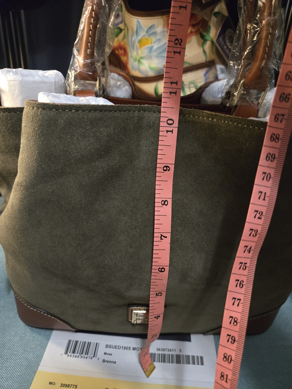 NWT. Beautiful Dooney & Bourke Moss Suede BARLOW with Brown Leather Trim - Picture 11 of 12